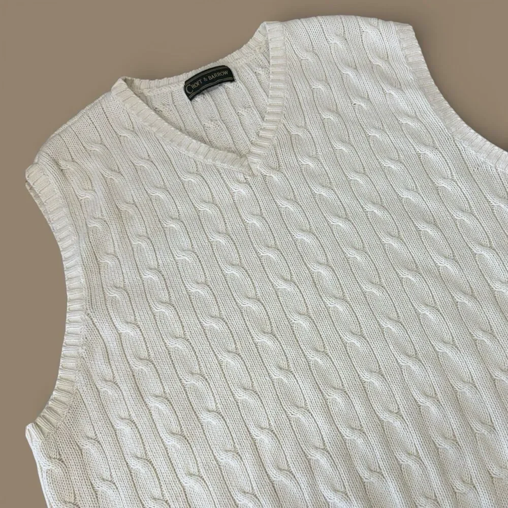Mens Cable Knit Sweater Vest XL Ivory V Neck Pullover Knit Cotton Prep Academia
